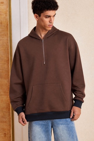 Makentmoda Kapüşonlu Yarım Fermuarlı Kanguru Cepli Oversize Sweatshirt Kahverengi M