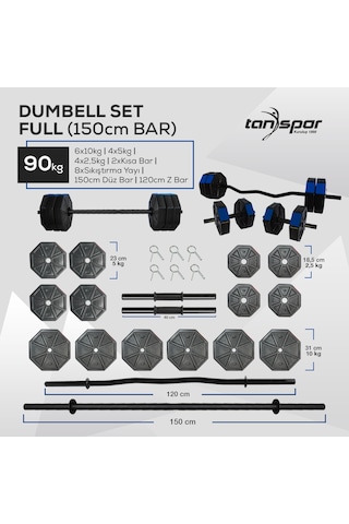 Tanspor 90 Kg Dambıl Halter Full Kısa Bar + Düz Bar (150 cm) + Z Bar (120 cm) Set Mavi Kapaklı