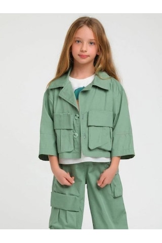 Kız Çocuk Erkek Yaka Cepli İki Düğmeli Ceket-15124 Yeşil