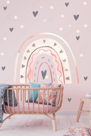 MSticker Pembe Tonlarda Gökkuşağı Ve Gri Kalpler Çocuk Bebek Odası Dekorasyon Sticker Seti