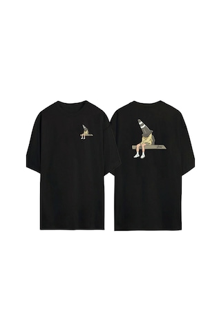 Thewert Unisex Kafasına Duba Geçirmiş Adam Ön Arka Baskılı Sıyah Oversize T-shirt Siyah