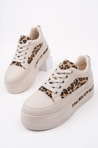 Muggo Zarina Kadın Kalın Taban Leopar Desenli Bağcıklı Günlük Sneaker Spor Ayakkabı Ten