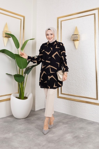 Hira Life Fashion Kadın Tesettür Giyim Ve Spor Giyime Uygun Düğme Detaylı Şık Desenli Dokuma Viskon Gömlek-tunik Siyah 3 Siyah 3