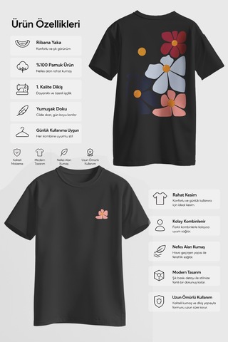 Spoyi Pastel Çiçekler Tasarımlı %100 Pamuk Yarım Oversize Siyah T-shirt