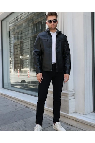 Erkek Kapüşonlu Siyah Deri Mont 001