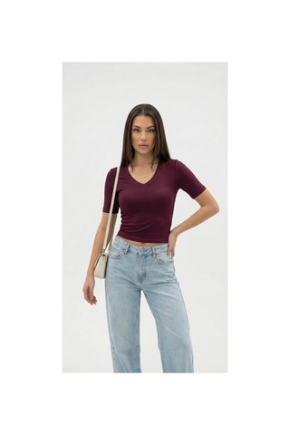 Dıanna Kadın Bordo V Yaka Basic T-shirt Günlük Esnek Kumaş Kısa Kollu T-shirt