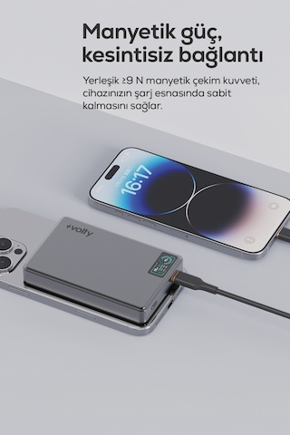 Magsafe Powerbank 10000 Mah 15w Kablosuz, 20w Pd Hızlı Şarj, Dijital Ekran, 192g V0601002 Gri