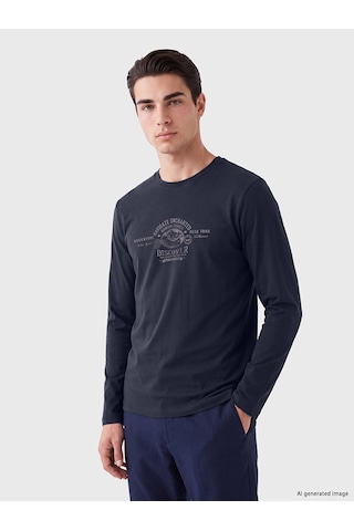 Lcwaıkıkı Classic Lacivert Bisiklet Yaka Baskılı Erkek Sweatshirt
