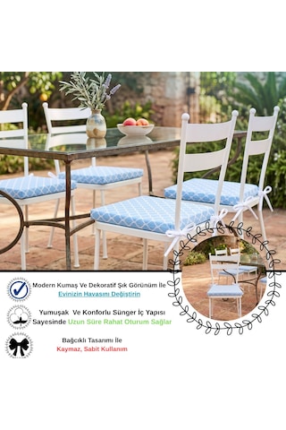 6 Adet 40x40 Cm Mavi Bağcıklı Sandalye Minderi Pamuk Polyester Kumaş Mutfak Ve Bahçe Minder