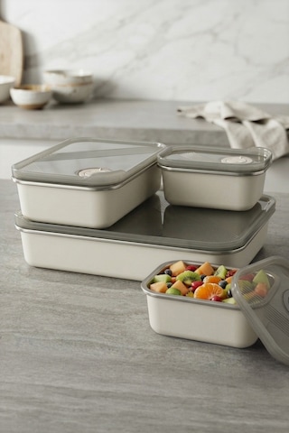 4'lü Stainless Paslanmaz Çelik Vakumlu Saklama Kabı,fırın Ve Kek Kabı 300mlx2,800mlx1,1,9ltx1 Gri