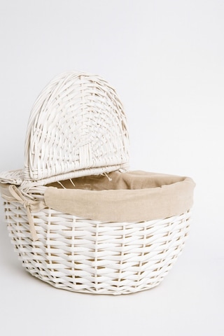 Beyaz Hasır Piknik Sepeti 40x30x19 Cm Kapaklı Termoform Sepet Krem Kumaş Detaylı Beyaz