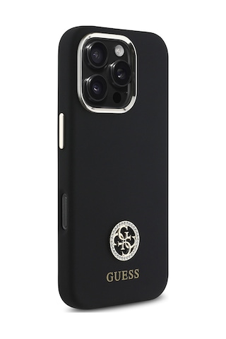 Apple iPhone 16 Pro Max Kılıf Guess Lisanslı Yazı Ve Taşlı 4g Logo Metal Kamera Çerçeveli Silikon Siyah