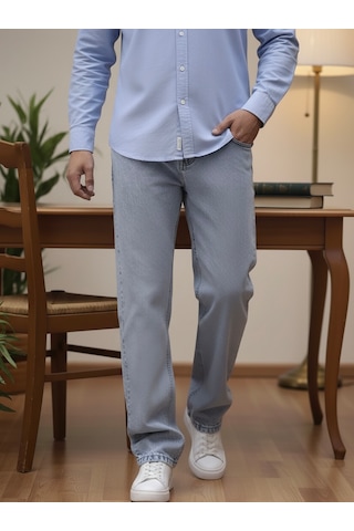 Lyvens Erkek Buz Mavi Baggy Oversize Bol Paça Jean Kot Pantolon Buz Mavi