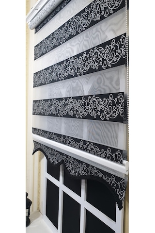 Zebra Stor Perde Siyah Sarmaşık Desen Gümüş Simli Etek Dilimli Stb9300 V 03