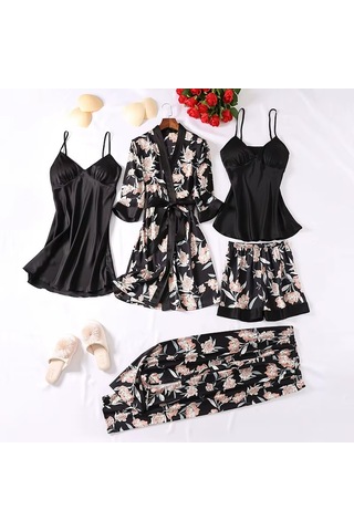 Ece's Design 5 Parça Lüks Saten Pijama Gecelik Takımı Çiçek Desenli Sabahlık Robe Kadın İç Giyim Seti W2013 Siyah
