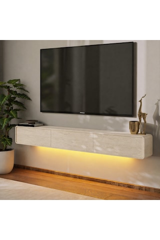 İnarch Dizayn Alba Led Işıklı Duvara Monte Tv Sehpası - 3 Kapaklı Tasarım Traverten