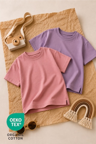 Luppinos Basic 2li %100 Pamuk Bisiklet Yaka Kız Bebek-çocuk Tshirt Set Mor - Pembe