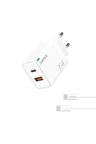 Sunix 35w Akıllı Şarj Ve Gan Teknolojisi Type-c Girişli Tüm Cihazlar Samsung İphone Xiomi Serisi Ce Lisanslı Şarj Cihazı Yeni Nesil Son Teknoloji Başlık+Kablo Set Halinde