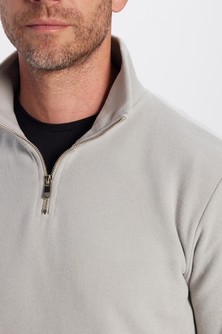 Tudors Unisex Relax Fit Rahat Kesim Pamuklu Yarım Fermuarlı Gri Dik Yaka Sweatshirt-31974 Gri