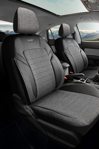 Siyah - Gri Butti Lino Serisi Keten Kumaş Premium Oto Koltuk Kılıfı Ortopedik Destekli, Ön Arka Tam Set