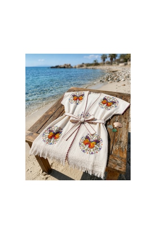 Trendol Fashion Life Kelebek Desenli Plaj Kimonosu /2 Kat Müslin Kumaş Ekru Ekru