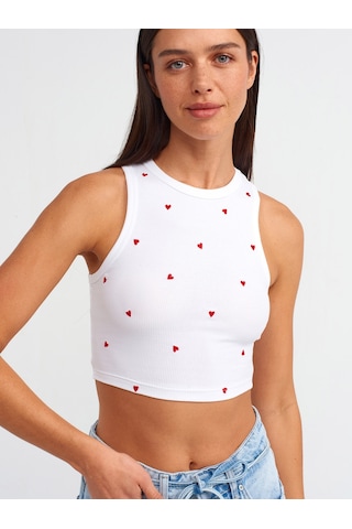 Dilvin Kalp Nakışlı Crop Top 101a20819 Beyaz