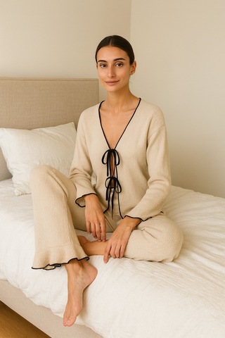 Elmoda Kadın Fırfır Paça Bürümcük Kumaş Ev Pijama Takımı V Yaka Bağlamalı Üst Bej Siyah Detaylı Bej Bej