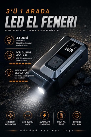 Q16b Akü Takviye Cihazı 18000mah, 150 Psı Hava Kompresörü, Jump Starter Powerbank, Led Fenerli Dijital Ekranlı Last