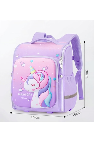 Unicorn 3D Desenli Kız Çocuk Kreş ve Anaokulu Okul Çantası Mor Açık Pembe