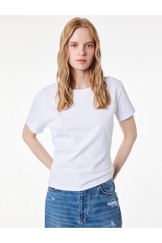 Koton Pamuklu Slim Fit Düşük Omuz Kayık Yuvarlak Yaka Kısa Kollu Tişört Beyaz 6sak50412ek