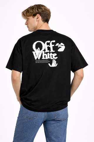 Camblys Unisex Kadın Erkek Off White Baskılı Oversize Kalın Kumaş Bol Kesim Pamuklu T-shirt Siyah