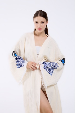 Befera Müslin Kimono Pamuklu Etnik Göz Baskılı Desenli Bornoz Kaftan Sabahlık Ekru