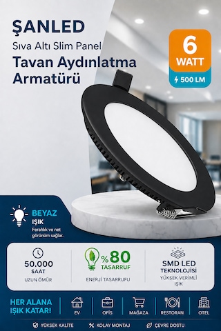 6w Tasarruflu Led Yuvarlak Siyah Kasa Beyaz Işık Sıva Altı Panel Aydınlatma Armatürü 100 Adettir