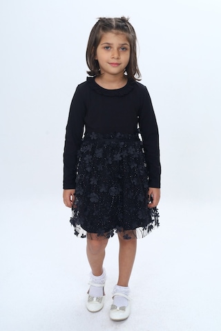Toontoy Kız Çocuk Yaka Fırfır Etek 34 Çiçekli Tüllü Elbise Siyah