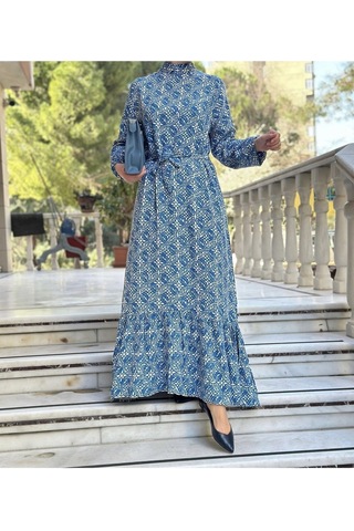 Lasorella Butik Desenli Mavi Uzun Elbise