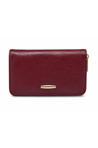 Noux Vintage Deri Görünümlü Fermuarlı Kadın Cüzdan Bordo