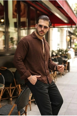 Valensdesign Erkek Rahat Kalıp Pamuklu Müslin Kumaş Gömlek Kahverengi