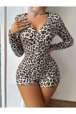 Go İthalat Kadın Şık Tasarım Pamuklu Leopar Desenli Düğmeli Uzun Kol Tulum Pijama