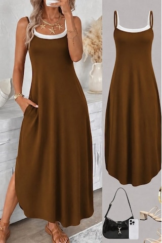 Alyn Wear Kadın Ip Askılı Yuvarlak Yakalı Cepli Uzun Viskon Elbise Kahverengi