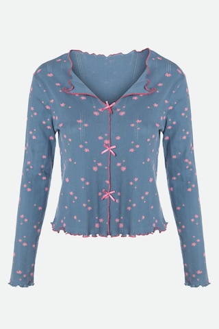 Kadın Pamuklu Çıtır Çiçek Desenli Baby Overloklu Fiyonk Detaylı Uzun Kollu Pijama Takımı Mavi - Pembe