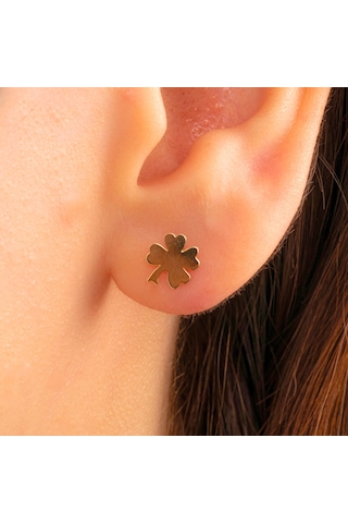 Altın Küpe - 14 Ayar Altın Minimal Yonca Yaprağı Küpe Sarı