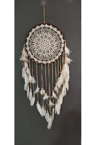 Büyük Boho Rüya Yakalayıcı Beyaz Tüy Ve Boncuk Duvar Askısı Vintage Düğün Ev Dekoru 40 Cm Daire 110 Cm Uzunluk