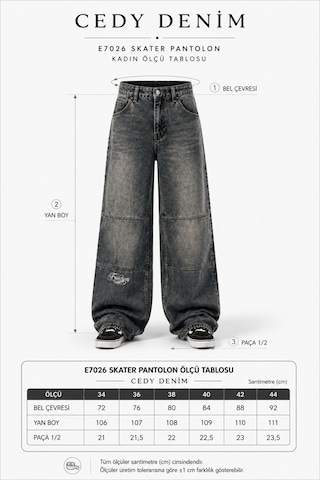 Cedy Denim Cedy Denım Freedom Nakışlı Y2k Baggy Skater Denim Pantolon - Normal Bel Likrasız Geniş Paça Jean E7026 Koyu Mavi