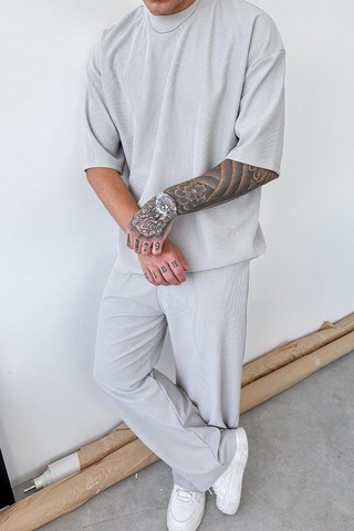 Gri İnce Fitilli Oversize Tişört Gri