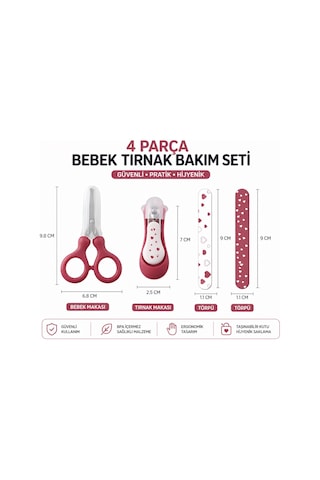 4 Parça Bebek Tırnak Bakım Seti Pembe Güvenli Makas, Tırnak Makası, Törpü Yenidoğan Bebek Bakım Seti