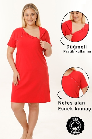 Ms Hamile İç Giyim Hamile Emzirme Geceliği Kısa Kollu Kırmızı