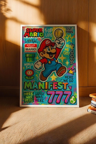 Super Mario Çerçeveli Tablo Manifest 777 Gamer Arkadaşa Hediye Street Art