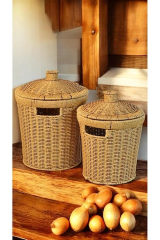 Wicker 2'li Hasır Kapaklı Patates Soğan Sepet Set 2 Boy Sunum Seb