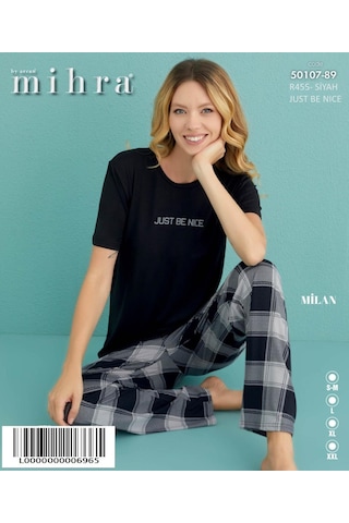Mihra Kadın Bisiklet Yaka Milan Likralı Kısa Kol Pijama Takımı 50107/89- 1 Adet Siyah