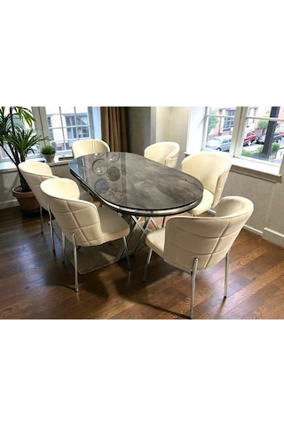 Msy Home 6 Kişilik Serya İroni Oval Masa Krom Ayak Yönsüz Kumaş Modern Ve Şık Yemek Odası Takımı 874521 Bej